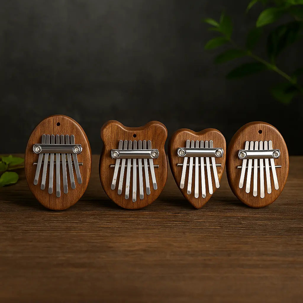 Ensemble de quatre kalimbas miniatures en bois avec touches métalliques, présentées côte à côte sur une table en bois sombre avec fond ardoise et végétal