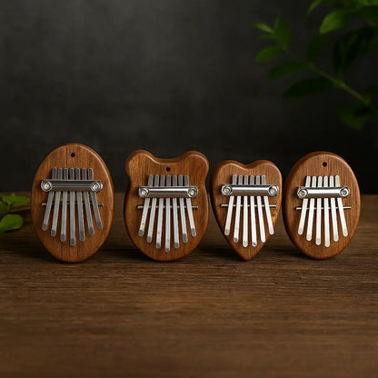 Ensemble de quatre kalimbas miniatures en bois avec touches métalliques, présentées côte à côte sur une table en bois sombre avec fond ardoise et végétal