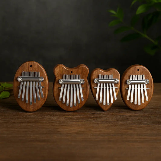 Ensemble de quatre kalimbas miniatures en bois avec touches métalliques, présentées côte à côte sur une table en bois sombre avec fond ardoise et végétal