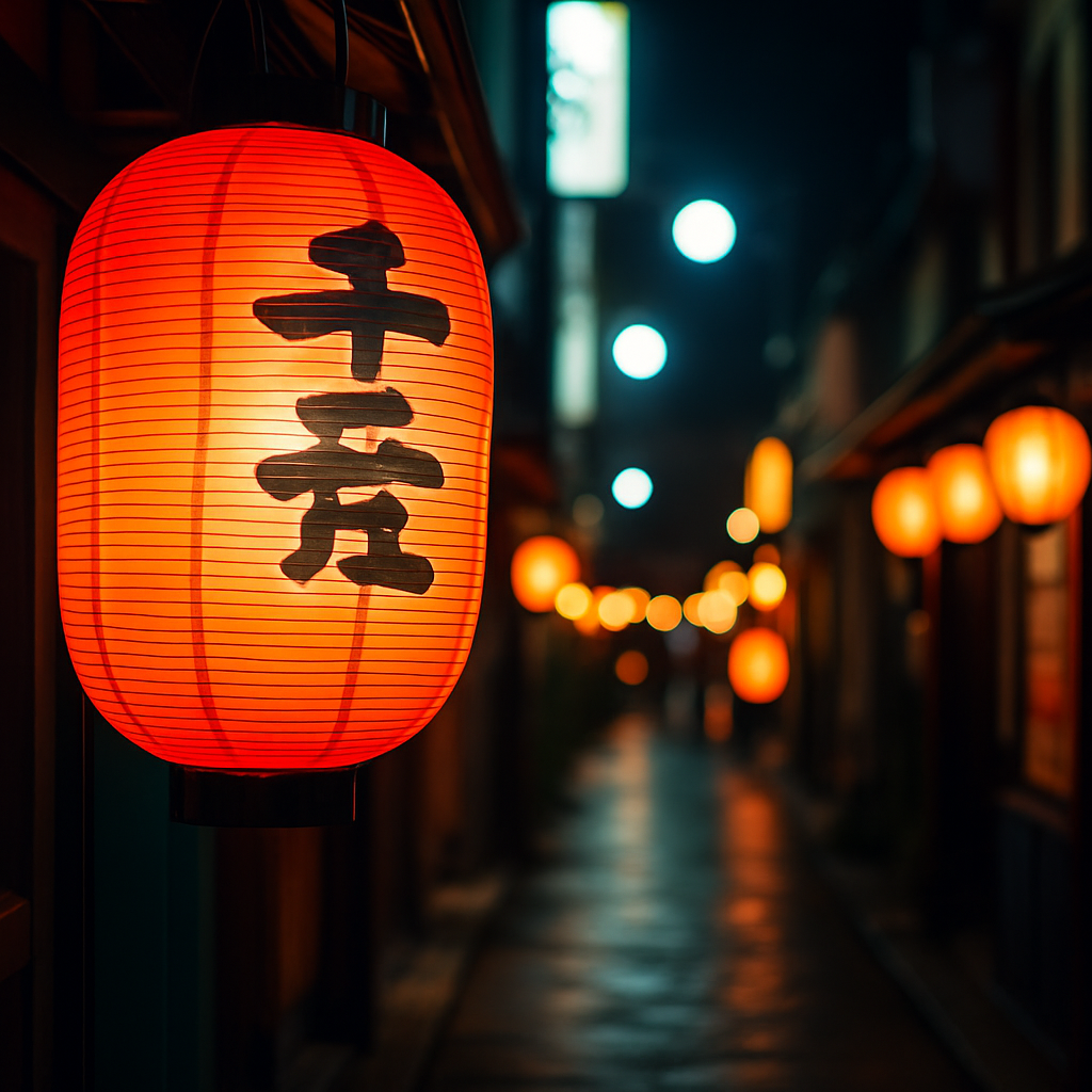 Lanterne japonaise rouge éclairant une ruelle traditionnelle animée de nuit au Japon