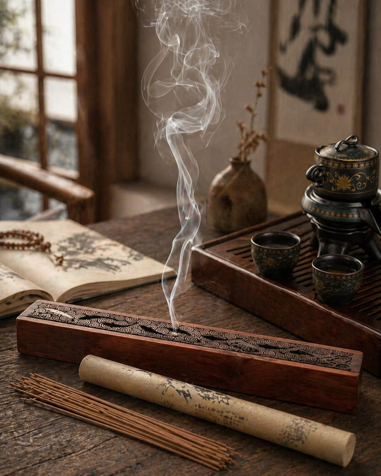 Brûleur d'encens japonais en bois sculpté, livre de calligraphie ancien et accessoires de cérémonie du thé — Encensoria