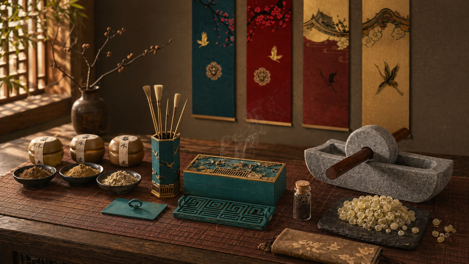 Traditions de l'encens d'Asie : rouleaux de peinture chinoise, brûleur cloisonné, bâtons et poudres aromatiques — Encensoria