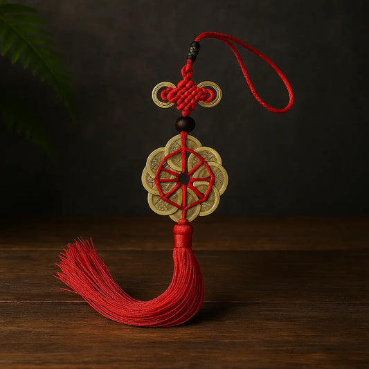 Porte-bonheur Feng Shui avec pièces chinoises dorées, nœud rouge traditionnel et pompon décoratif, posé sur une table en bois sombre avec fond ardoise
