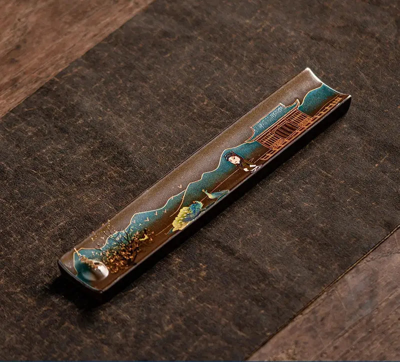 Porte-encens plat émaillé inspiré de l’art asiatique