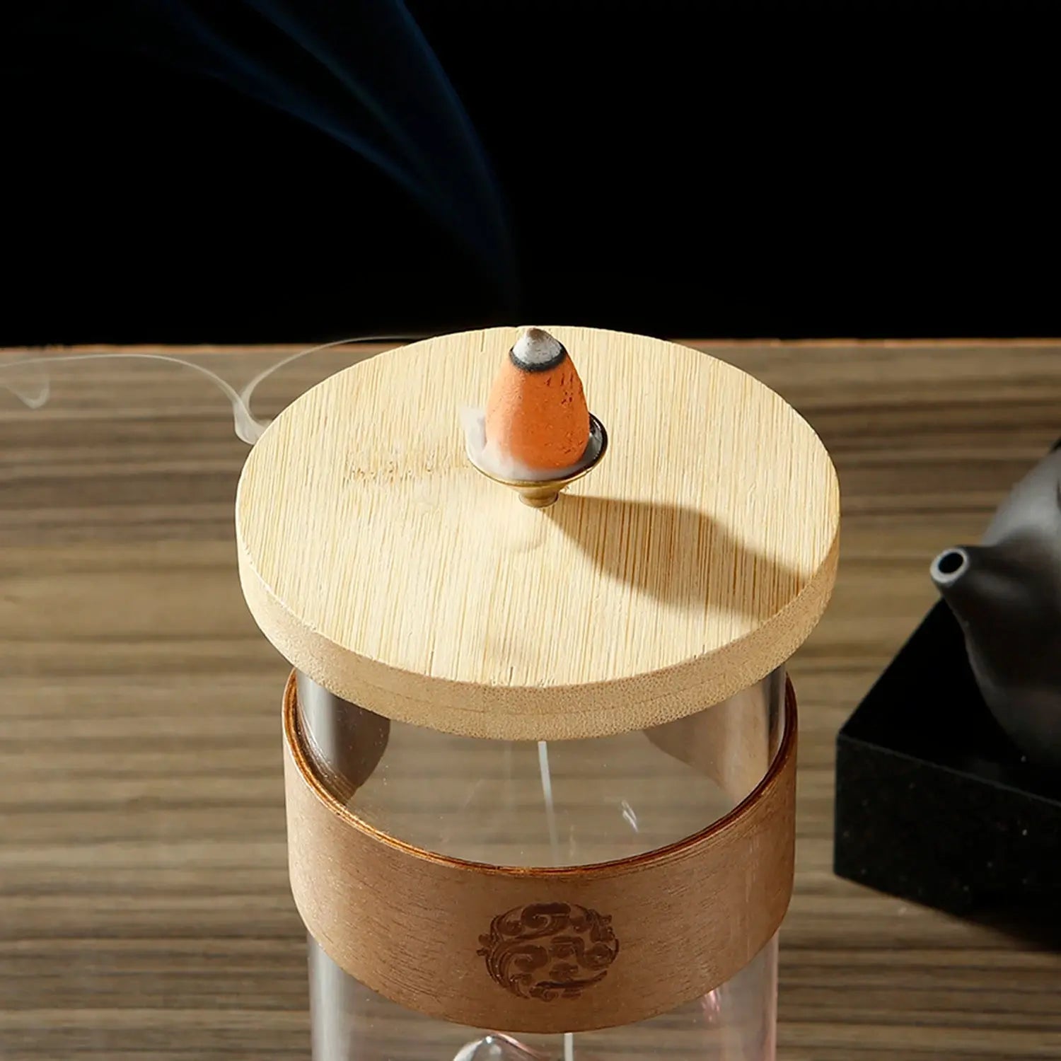 Porte-encens reflux verre montagne enneigée base bambou naturel, brûleur cônes démontable