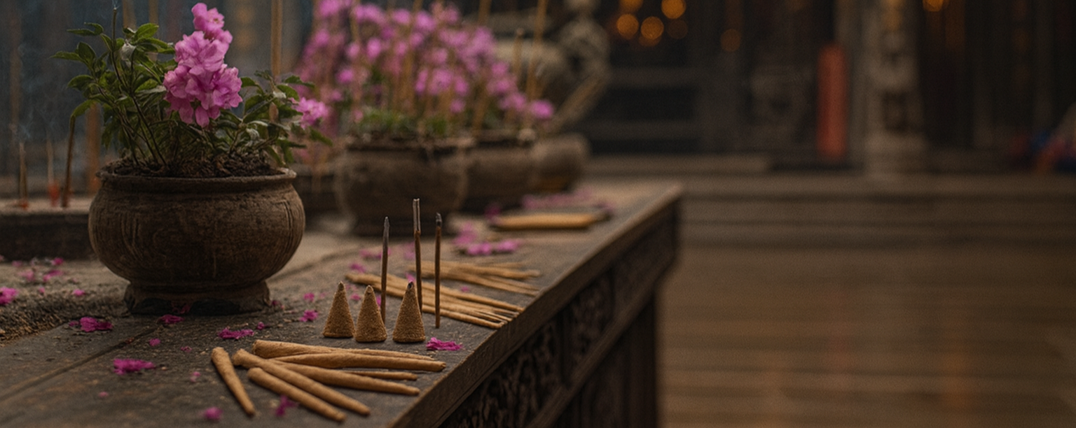 Pots de fleurs et encens naturel avec bâtons et cônes devant un temple asiatique