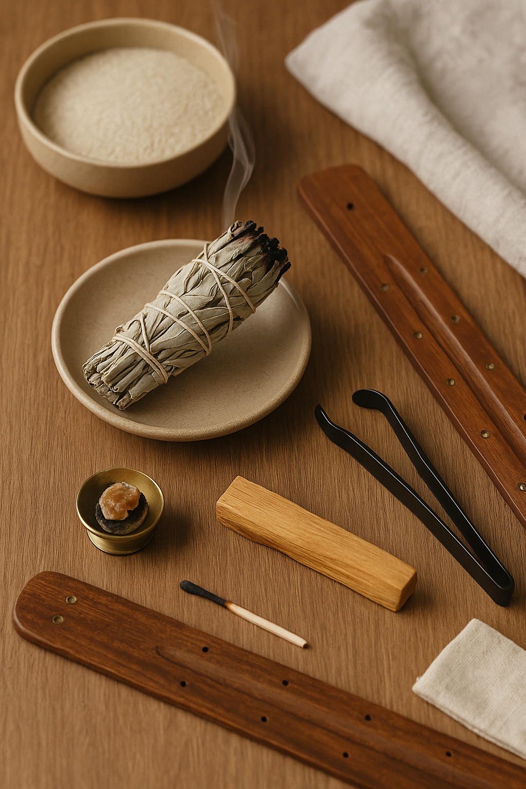 Matériel de purification intérieure : porte-encens, coupelle de sable, sauge blanche, Palo Santo, myrrhe et oliban disposés sur une table en bois