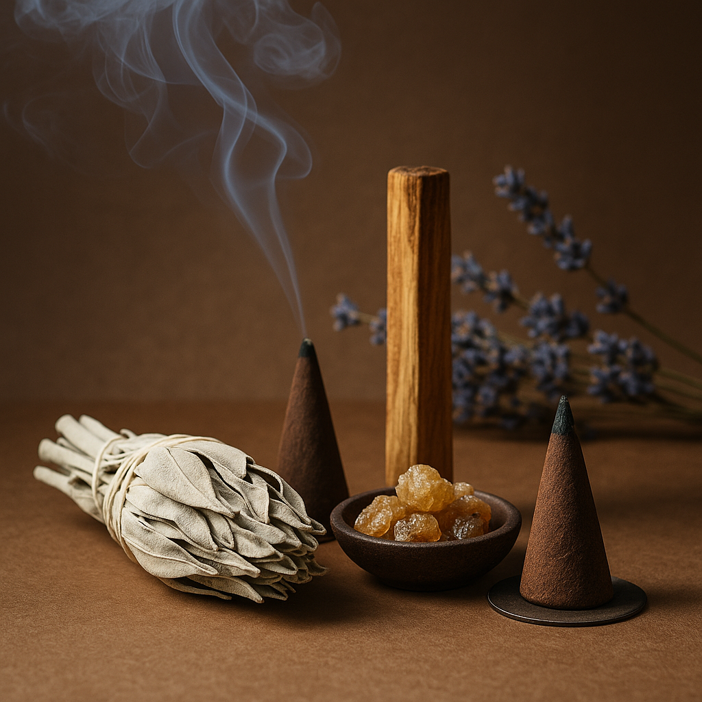 Cônes d’encens allumés avec fumée, sauge blanche, bois d’agar naturel et résine de myrrhe pour purification et harmonisation énergétique