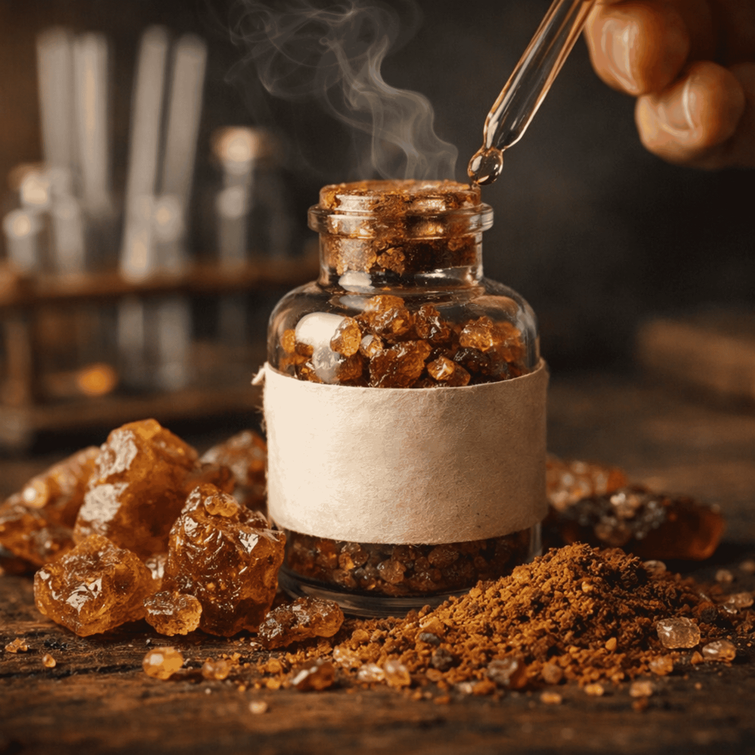 Résine d’encens naturelle en grains (oliban et benjoin) dans flacon en verre avec fumée légère, matière brute traditionnelle