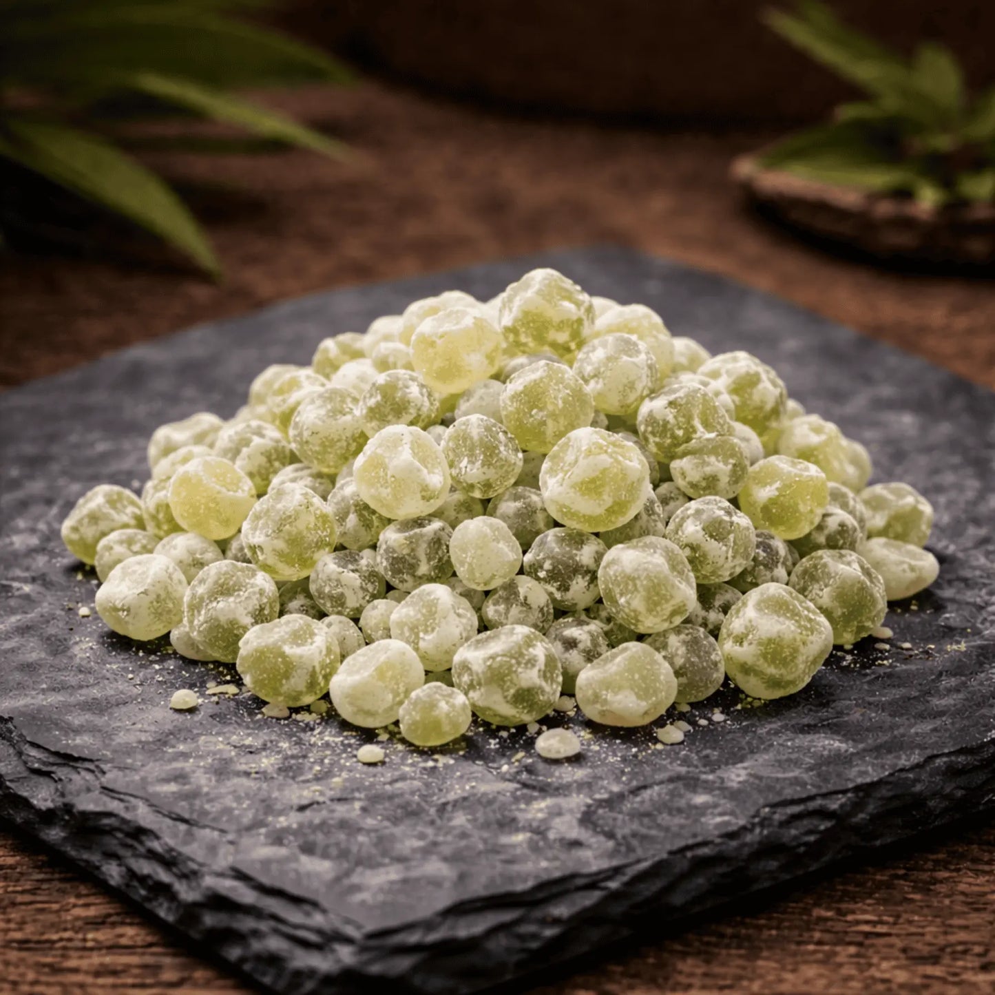 Résine d'encens oliban en grains naturels sur plaque en pierre