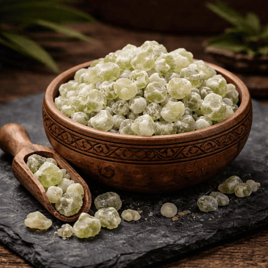 Résine d'encens oliban naturelle en grains dans un bol en bois