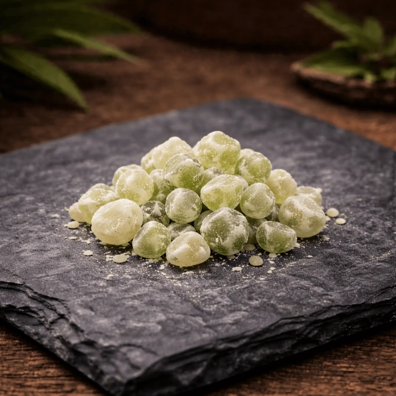 Résine d'encens oliban Hojari d'Oman, grains naturels verts sur ardoise, encens naturel premium pour méditation et purification