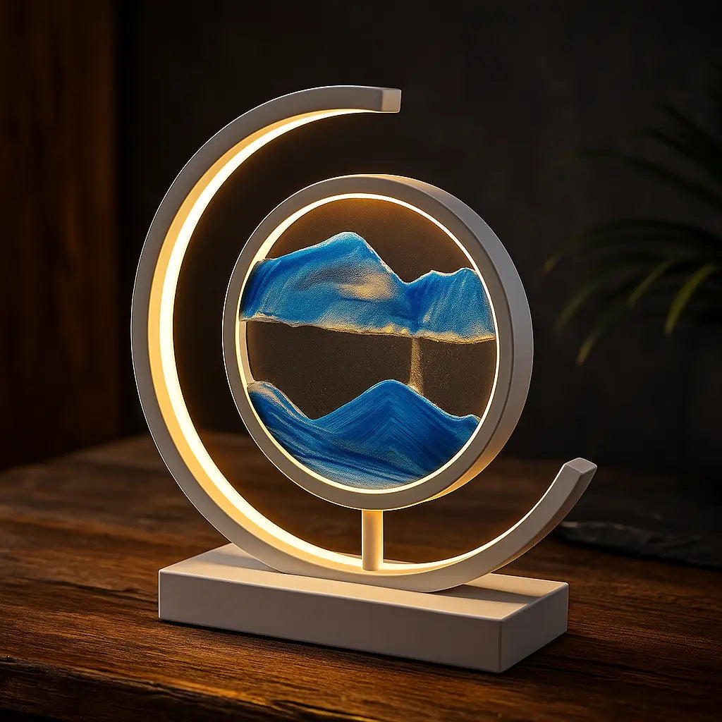 Sablier feng shui LED en forme de tableau de sable mouvant, posé sur table en bois avec fond sombre et végétal