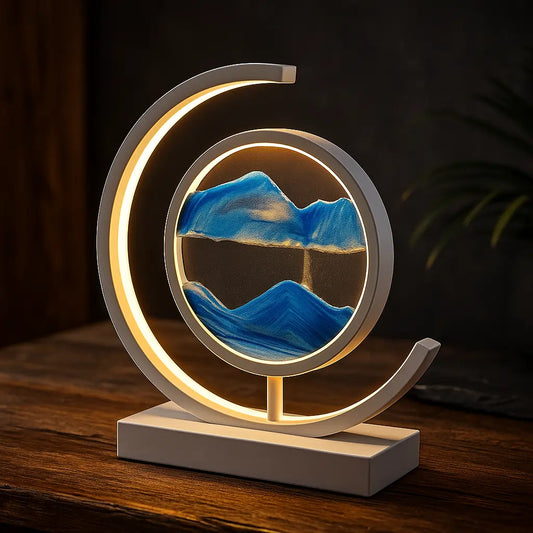 Sablier feng shui LED en forme de tableau de sable mouvant, posé sur table en bois avec fond sombre et végétal