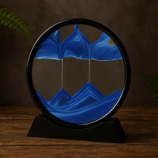 Sablier décoratif à sable mouvant circulaire bleu dans un cadre noir, posé sur une table en bois sombre avec fond ardoise et végétal