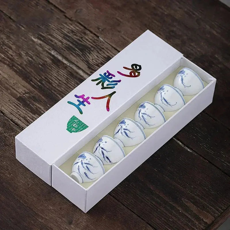 Service tasses Kung Fu porcelaine tradition, 6 pièces bleu blanc dynastique lave-vaisselle