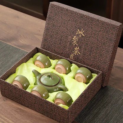 Service à thé Kung Fu céramique craquelée ice crack, théière et 6 tasses coffret cadeau