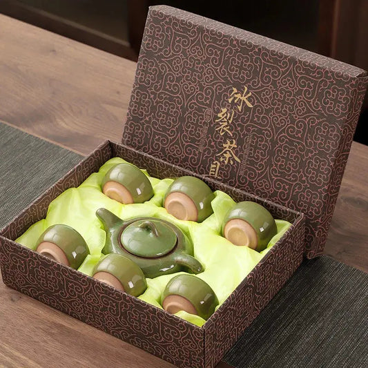 Service à thé Kung Fu céramique craquelée ice crack, théière et 6 tasses coffret cadeau