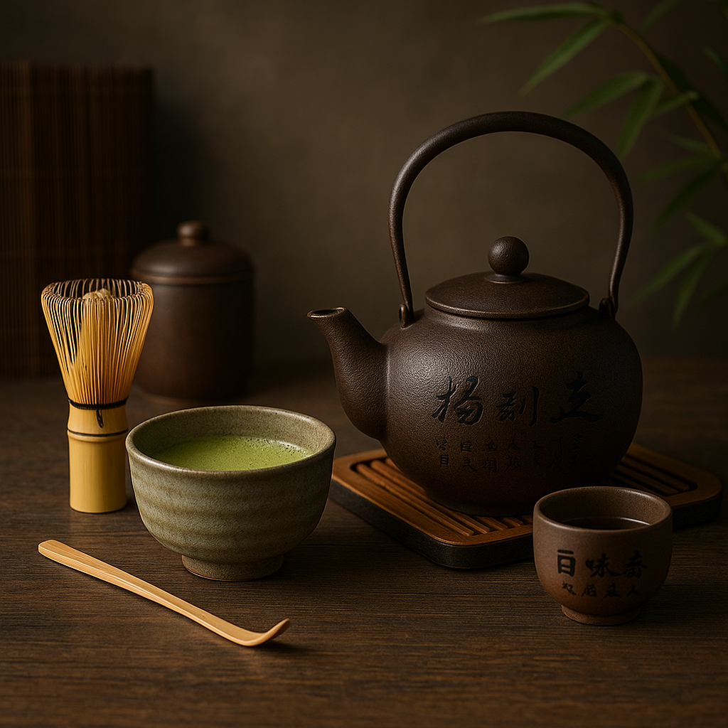 Service à thé matcha avec bol céramique, fouet en bambou chasen, théière en fonte et tasses noires disposés sur tatami