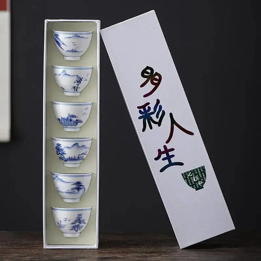Set 6 tasses porcelaine bleu et blanc Kung Fu, tradition chinoise cérémonie du thé 70ml