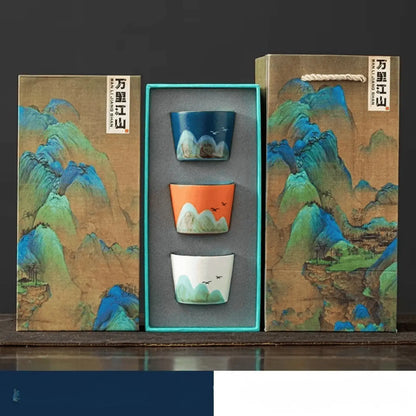 Set tasses céramique cérémonie du thé cadeau, 3 pièces artisanales finitions colorées soignées