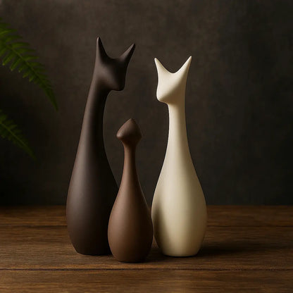 Statues décoratives minimalistes de trois chats en céramique marron, beige et blanche, posées sur une table en bois sombre avec fond ardoise