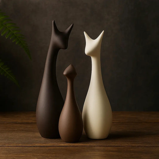 Statues décoratives minimalistes de trois chats en céramique marron, beige et blanche, posées sur une table en bois sombre avec fond ardoise
