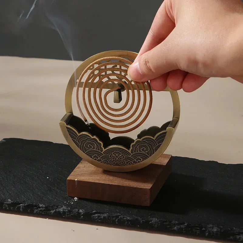 Support bobine encens métal doré ou bronze vieilli, cadre circulaire stable bois massif