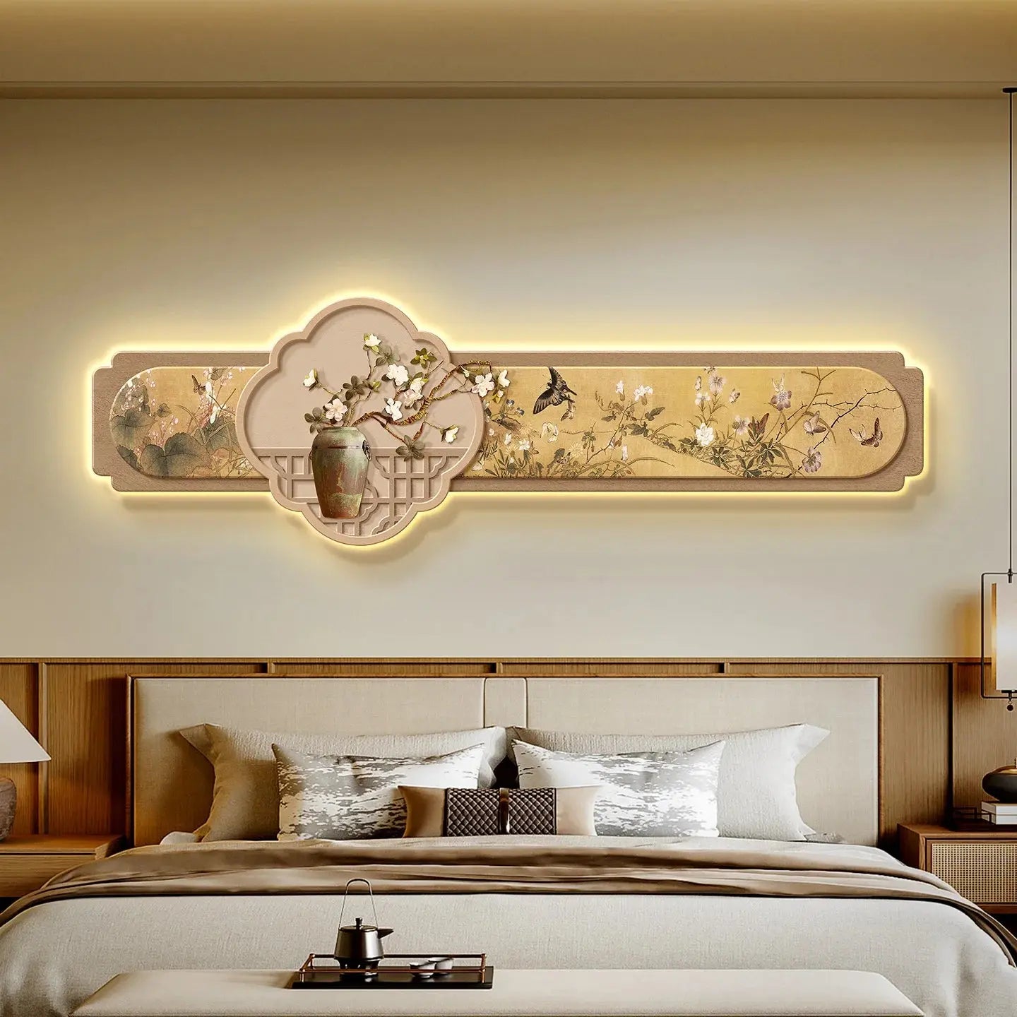 Tableau japonais LED avec fleurs et vase traditionnel