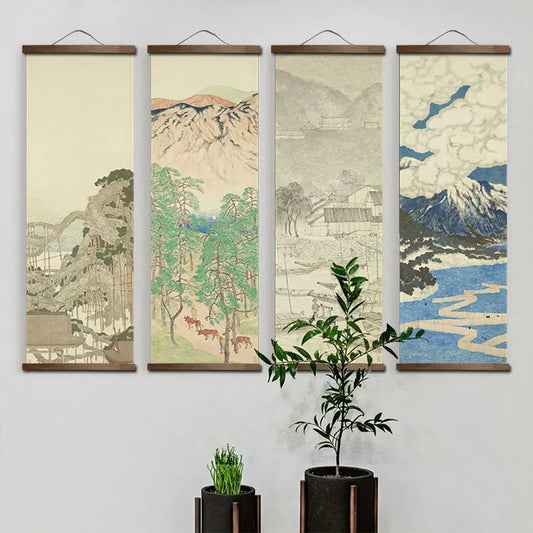 Tableau japonais à l’encre paysage montagne et forêt